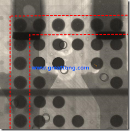 BGA錫球尺寸小于0.4mm，采用降低BGA內(nèi)圍襲球的錫膏量所得到X-Ray，稍微留意一下可以發(fā)現(xiàn)最外圈的錫量(圓的直徑)比其他內(nèi)圍的錫球上的錫量來得多一點點。也就是外圈的黑色圓形直徑比內(nèi)圈的圓形來得大一點點。