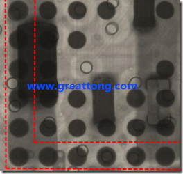 BGA錫球尺寸小于0.4mm，采用降低BGA內(nèi)圍襲球的錫膏量所得到X-Ray，稍微留意一下可以發(fā)現(xiàn)最外圈的錫量(圓的直徑)比其他內(nèi)圍的錫球上的錫量來得多一點點。也就是外圈的黑色圓形直徑比內(nèi)圈的圓形來得大一點點。