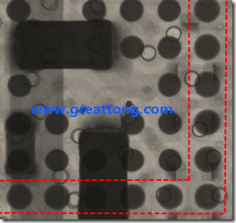 BGA錫球尺寸小于0.4mm，采用降低BGA內(nèi)圍襲球的錫膏量所得到X-Ray，稍微留意一下可以發(fā)現(xiàn)最外圈的錫量(圓的直徑)比其他內(nèi)圍的錫球上的錫量來得多一點點。也就是外圈的黑色圓形直徑比內(nèi)圈的圓形來得大一點點。