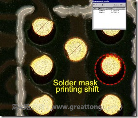 電路板BGA下面的防焊層印刷偏移，造成焊墊大小不一致。