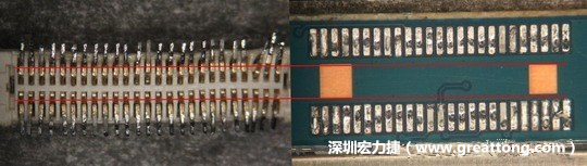 把板對板連接器與其電路板的佈線焊墊作一個(gè)比較，端子的切斷面有毛邊的地方剛好對到了裸銅區(qū)。