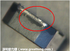 使用錫(Sn)鍍層的電源電感器(Power Inductors)，經(jīng)過推力測試后，其焊點還保留在零件的端點上，所以推力比較高。