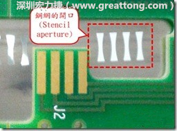 這個(gè)HotBar(熱壓熔錫焊接)吃錫的設(shè)計(jì)已經(jīng)對(duì)了一半，在印刷錫膏的時(shí)候在焊墊的中間位置減少錫膏，如果治具的設(shè)定正確的話，熱壓頭(thermode)要壓在焊墊中間的位置，焊錫的印出來(lái)結(jié)果如下面右圖所示。