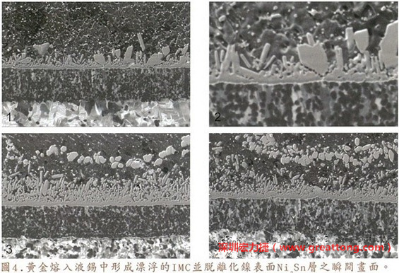 下面四張圖片為放大4500倍的SEM圖像，說明在回流焊爐熱量不足的情況下，黃金成份正要從鎳層分離融入焊錫之中的瞬間，當(dāng)零件遭受外力沖擊的時候就極有可能從這一整排AuSn、、AuSn2或AuSn4的IMC處裂開。