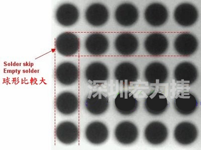 現(xiàn)在我畫幾條直線你再看看是否有發(fā)現(xiàn)那一顆BGA的錫球比較大，有空焊的可能？