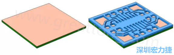 將種子層鍍于PCB板之上(左)。通過光刻法利用光刻膠繪制PCB板圖形(右)-深圳宏力捷