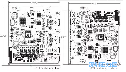 如圖7所示是使用不同數量邊條的拼板，拼板1僅使用了一個邊條，直接利用PCB另一邊作為SMT工藝傳送邊，并且PCB圖形中有合適的安裝孔；而拼板2則是按常規(guī)設計了兩個邊條。拼板方式為連接筋。圖中“Breakaway Tab”指邊條-深圳宏力捷