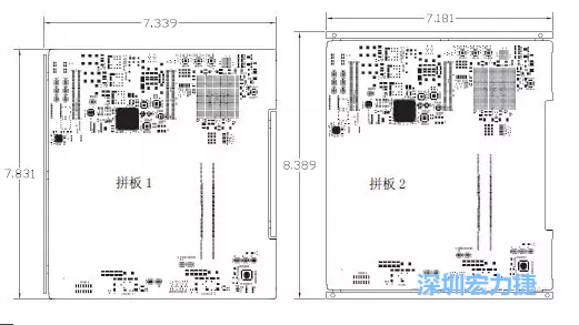 如圖11所示在兩種拼板中PCB單元的邊條位置不同，拼板1中邊條在長邊方向，而拼板2中邊條在短邊方向-深圳宏力捷