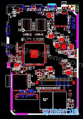 上圖是一個開發(fā)板的PCB，從布局中可以看出各個接口電路分離很明確，SDRAM和DDR以及SD卡接口電路等走線不會造成相互的干擾。-深圳宏力捷