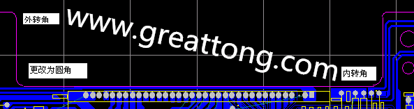 PCB設(shè)計時單面板的轉(zhuǎn)角都需為圓角，R1.0mm或R2.0mm為宜。