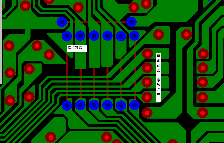 PCB設(shè)計(jì)焊點(diǎn)過(guò)密，易造成波峰連焊，焊點(diǎn)間漏電