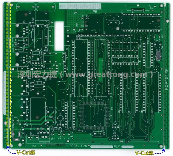 所謂【V-cut】是印刷電路板(PCB)廠商依據客戶的圖紙要求，事先在PCB的特定位置用轉盤刀具切割好的一條條分割線，其目的是為了方便后續(xù)SMT電路板組裝完成后的「分板(De-panel)」之用，因為其切割后的外型看起來就像個英文的【V】字型，因此得名。