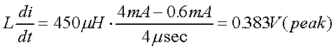 舉例來說，一個閘在"ON"而載有4mA的電流時，突然開關(guān)切到"OFF"且現(xiàn)在載有0.6mA的電流，假設(shè)開關(guān)時間為4msec，載有450mH的電感信號的導(dǎo)體，此時所產(chǎn)生的電壓突波為