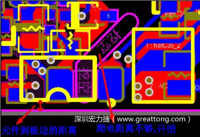 如果碰到模塊PCB空間有限，爬電距離不夠，可以采用開槽的方式