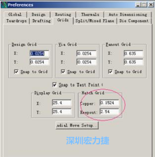  改銅皮的填充網(wǎng)格Global→Design Units，填充方向Drafting→Direction；Hatch Grid中Copper此數(shù)值為大銅箔中所填充的線條中心到中心的距離。