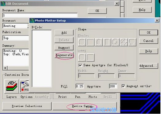 當(dāng)Gerber和鉆孔都設(shè)置完后，選擇一貼片元件較多的層（一般為Top層），點(diǎn)擊Device SetupPhoto，將 Plotter Setup窗口D-Code欄原有的D碼刪除并按Regenerate重新生成
