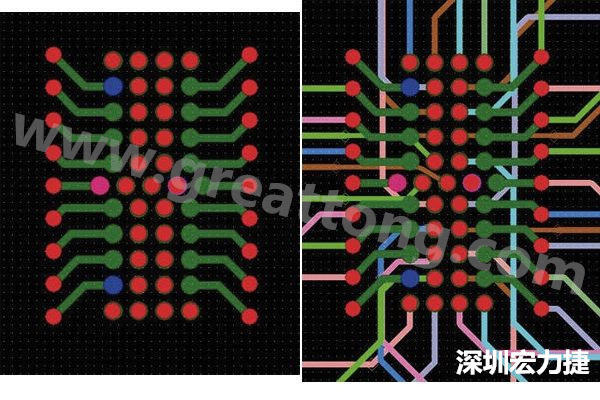 圖7：焊盤內(nèi)過孔用于內(nèi)部，而外部接腳在0.5mm閘格上扇出。圖7a顯示的是頂層(左)；圖7b顯示頂層和內(nèi)部布線層(右)。