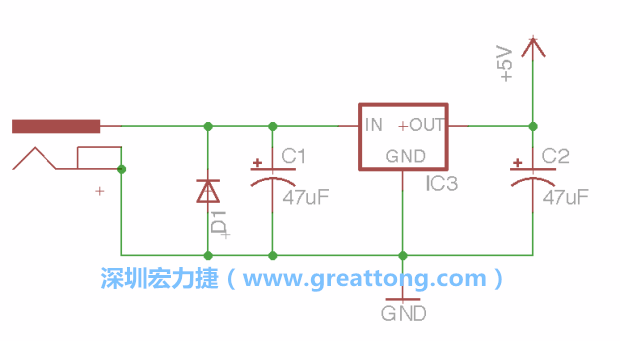 新增RBBB→Power_Jack，將它放在電壓調(diào)整器的輸入端旁邊。