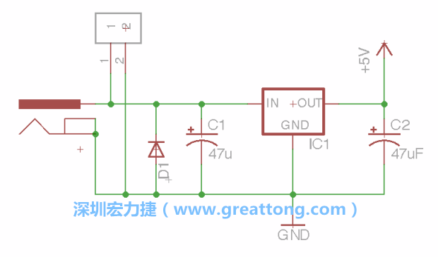 2.5.    新增一個二極體，它會以水平的狀態(tài)出現(xiàn)在屏幕上，請使用「旋轉(zhuǎn)（Rotate）」工具把它負極那一面朝上，并且用「網(wǎng)絡連接」工具將它連接在電壓調(diào)整器的輸入端和接地端之間。