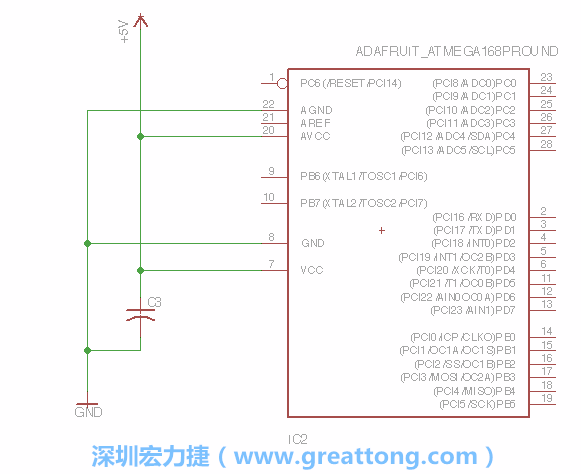 3.1.    新增微控制器晶片（RBBB → ATmega），把它放在電路原理圖的中央附近，把它的兩個接地接頭連接到接地訊號端。