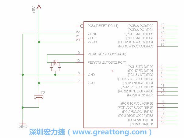 3.2.    在靠近ATmega的電源供應(yīng)針腳7的位置放置一個0.1μF的電容，將它分別連接電源、接地端和針腳7。