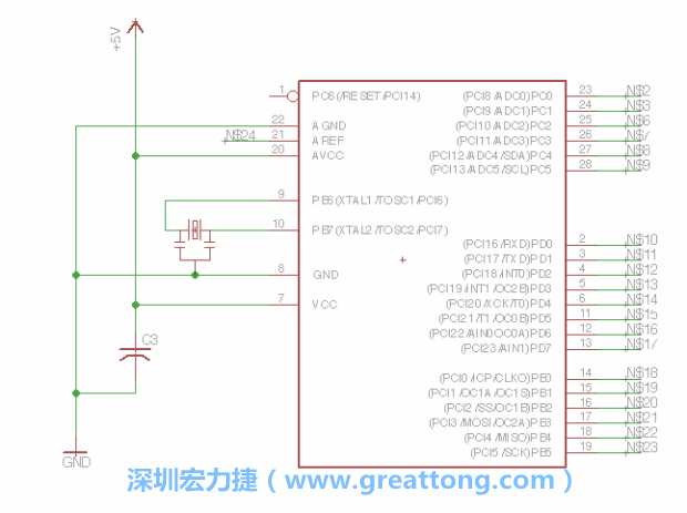 3.3.    將共鳴器（resonator）放置在針腳9和針腳10附近，將它的三個針腳連接如圖所示，并確認最中間的針腳有連到接地端。