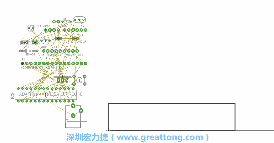 第一次執(zhí)行布線編輯器時，你會發(fā)現(xiàn)有兩個區(qū)塊，左邊的區(qū)塊非常混亂，而右邊的區(qū)塊則是一個長方形的工作區(qū)域，EAGLE免費版會限制你的工作區(qū)域在4” x 3.2”的范圍內(nèi)，如果你試圖將元件擺放在工作區(qū)外的話，就會跳出警示訊息。