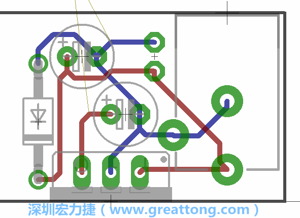 接地連結(jié)點的布線情形如下圖所示，利用這個練習(xí)來避免電路連線銳角化的產(chǎn)生是一個不錯的選擇，你可以在工具列中的彎曲線路（Wire Bend）選項里改變各種布線的變化。