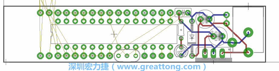 將ATmega微控制器、三個GPIO排針（JP2, JP3, JP4）和諧振器（resonator）排置如上圖所示。