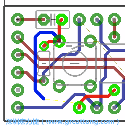 要在電路板正面進行+5V信號線連結(jié)和其他連結(jié)點的布線工作是非常容易的，而重置信號線（信號線用來連結(jié)電路板正面左邊的重置開關(guān)）需要經(jīng)過一個可以通過電路板正反兩面的電路通道，這個通道是一個可以讓電路板正反兩面線路連接的一個小孔。