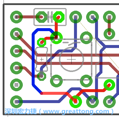 為了要創(chuàng)造一個電路通道，首先要先點擊重置開關(guān)的連結(jié)點進行布線，在電路板的背面繪制線路直到其它線路前的乾淨區(qū)域。