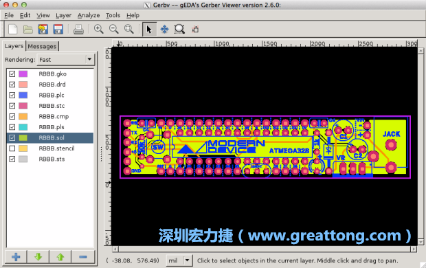 將圖層匯入你的Gerber預(yù)覽工具內(nèi)（下圖為Gerbv），我通常會從上到下重新排列它們的順序，好讓我比較好校對：