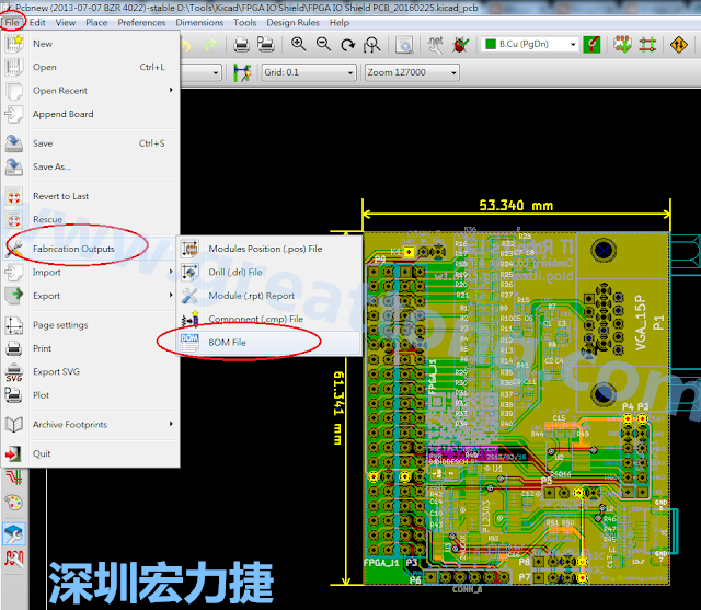 在Kicad的PCB Editor, 點(diǎn)選 File->Fabrication Outputs->BOM File, 即可產(chǎn)生一個(gè) .csv 的Excel 檔案。