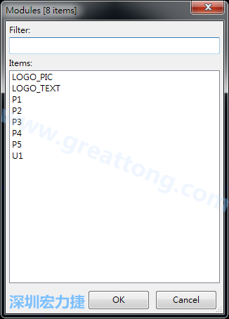 從目前正在編輯的PCB載入Module， 會(huì)顯示有那些項(xiàng)目可載入。點(diǎn)選一個(gè)， OK后即完成載入