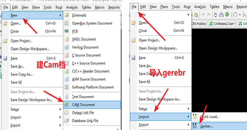 在File下新建 Cam檔，建后再File下導(dǎo)入Gerber文件，選擇所有文件導(dǎo)入gerber。