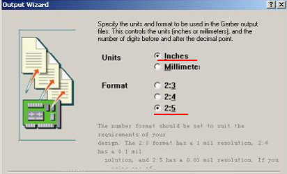在上圖中選擇“Inches 2：5”，以確保資料精度，反之線寬、線距或孔有偏移現(xiàn)象